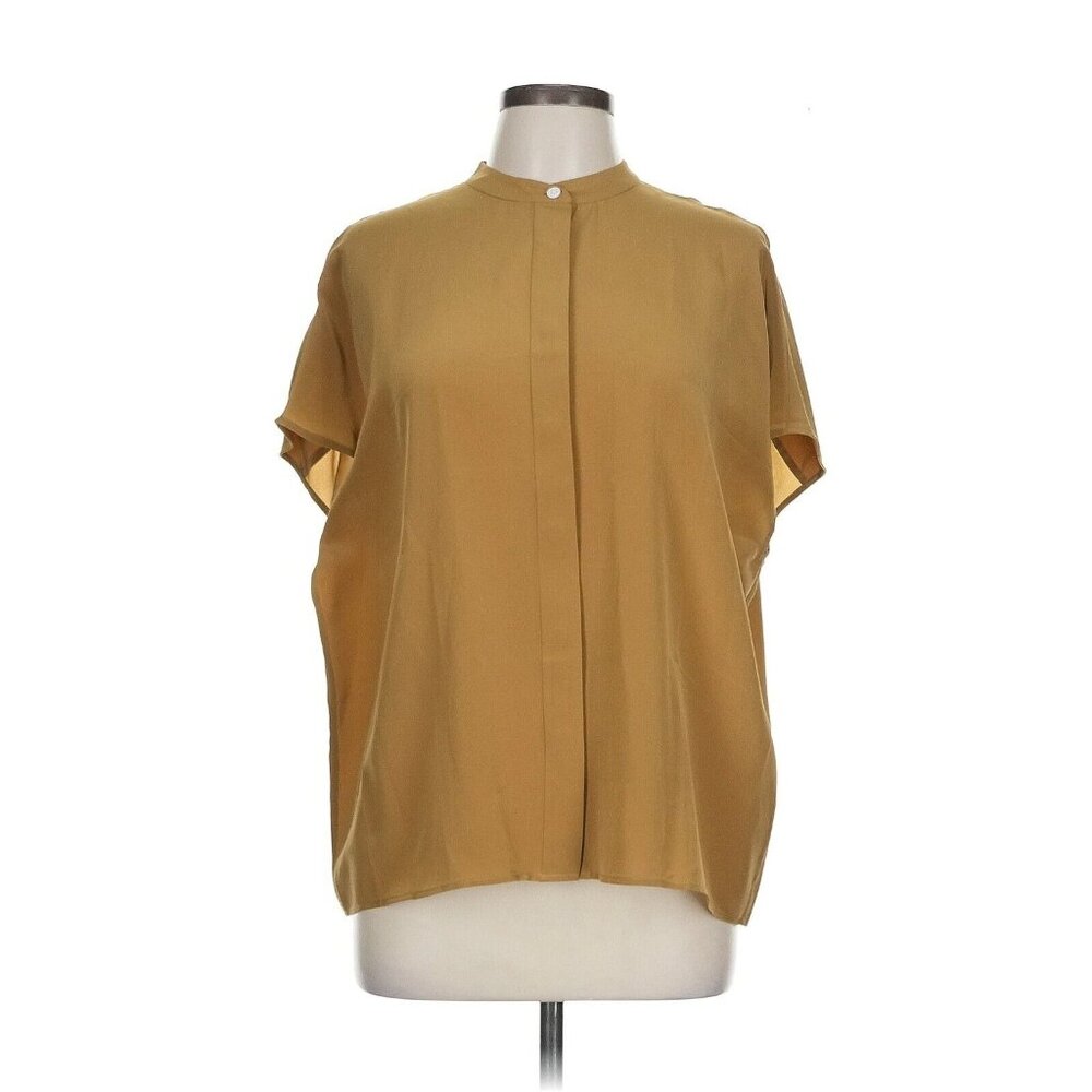NWT LilySilk Stand Collar Cap Sleeve Blouse in Gold Silk Button-up Top L